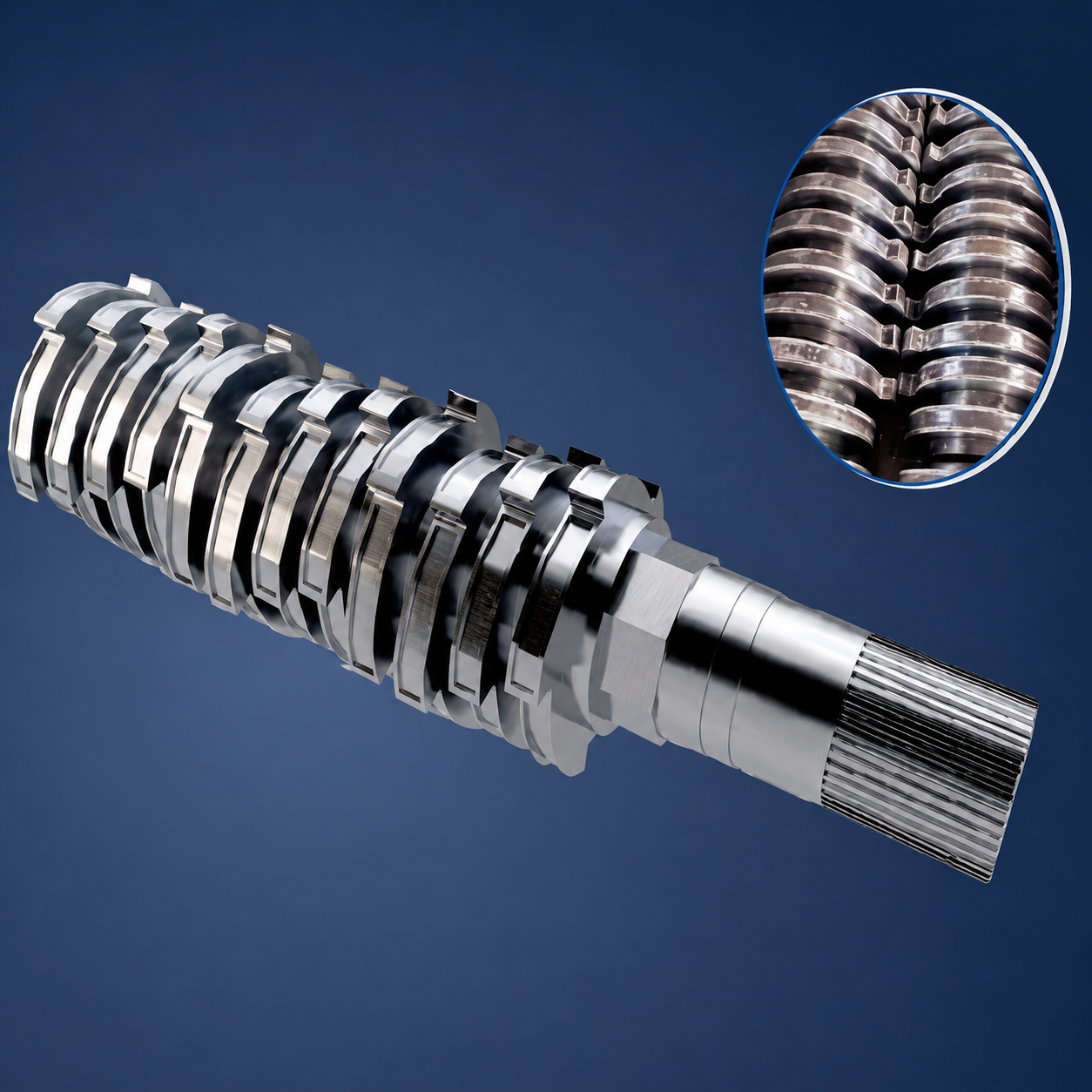 M6V / Cr12MoV alloy tool-steel hook-type blade at HRC 54–60 hardness, MS Series industrial shredder