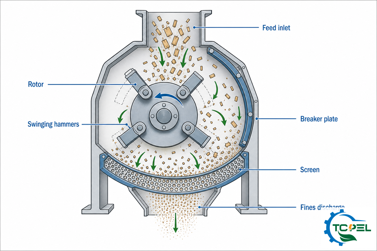 How Does a Wood Hammer Mill Work? The Impact-Attrition Grinding Cycle — TCPEL