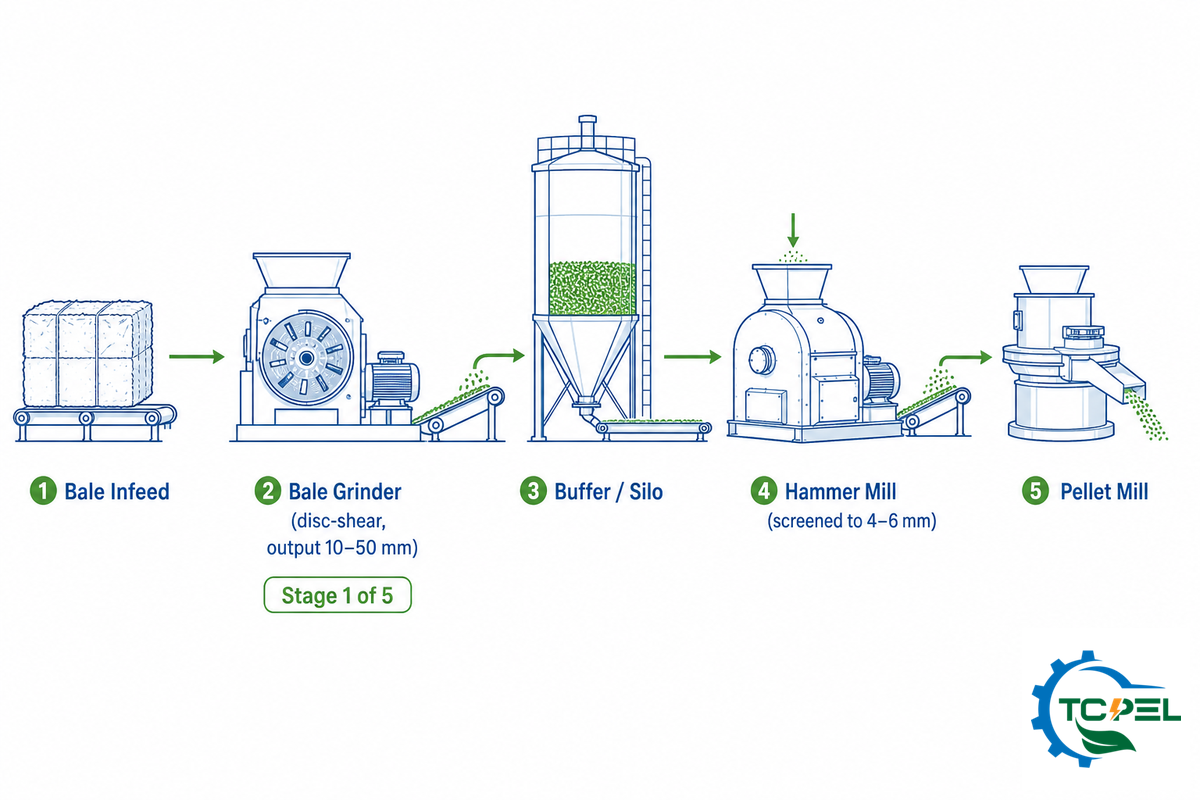 The 5-Stage Process Flow, Where the Bale Grinder Fits in a Biomass Pellet Plant — TCPEL