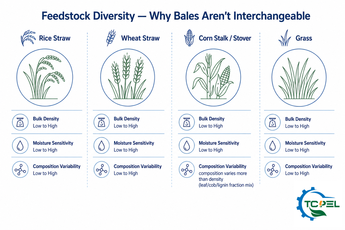 Feedstock Diversity, Why Rice Straw, Wheat Straw, Corn Stalk, and Grass Bales Aren't Interchangeable — TCPEL