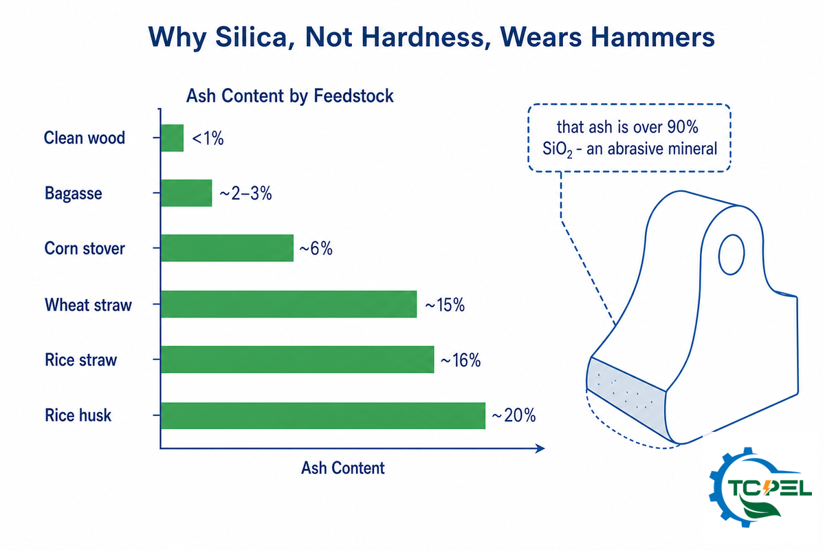 Silica, Ash and Abrasion: Why Herbaceous Biomass Wears Hammers Faster Than Wood — TCPEL