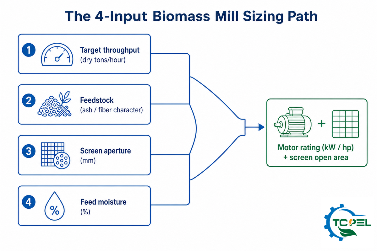 Sizing a Biomass Hammer Mill: Capacity, Power and Screen Together — TCPEL