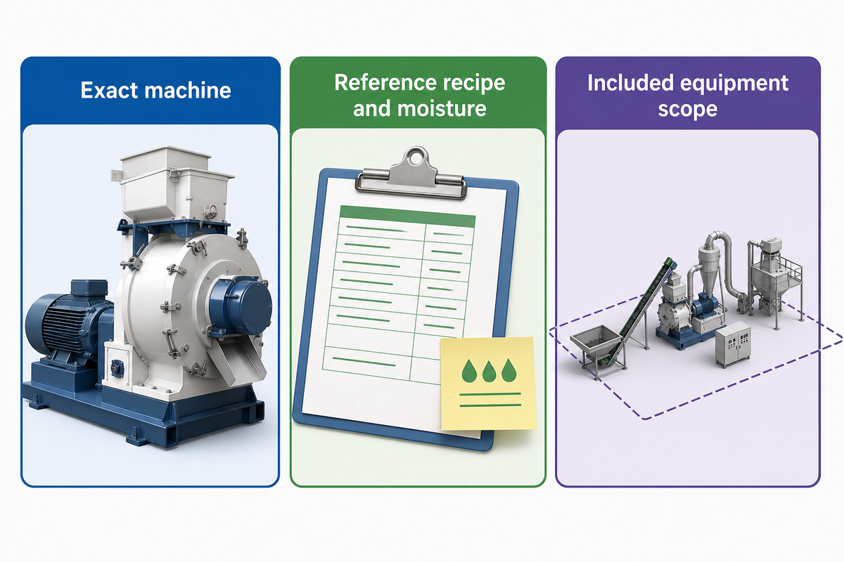 Compare pellet mill quotes by exact machine, feed recipe, moisture and included equipment scope