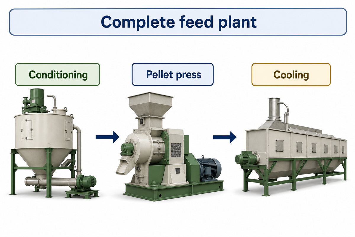 A pellet press is one equipment scope inside a complete poultry feed line