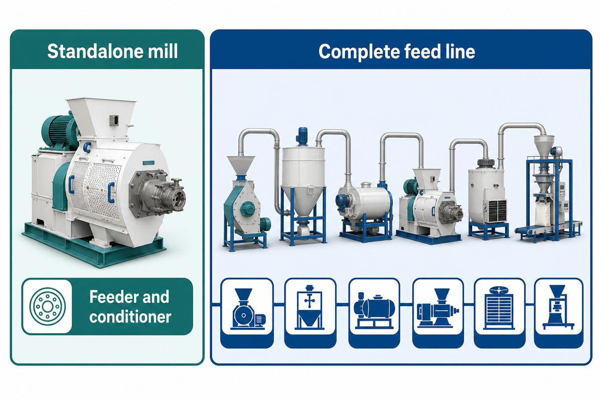 Standalone pellet mill scope compared with a complete chicken feed production line