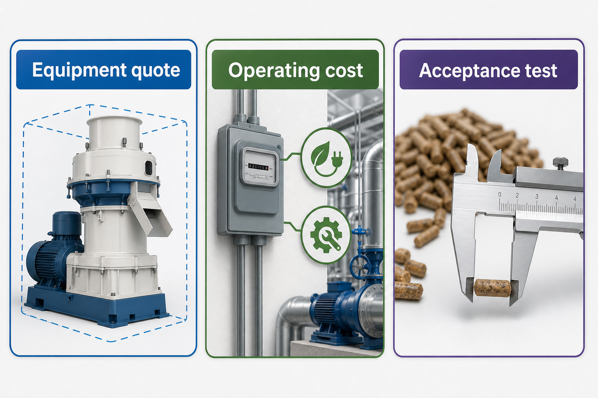 Compare feed pellet machine bids using equipment scope, operating cost and acceptance test