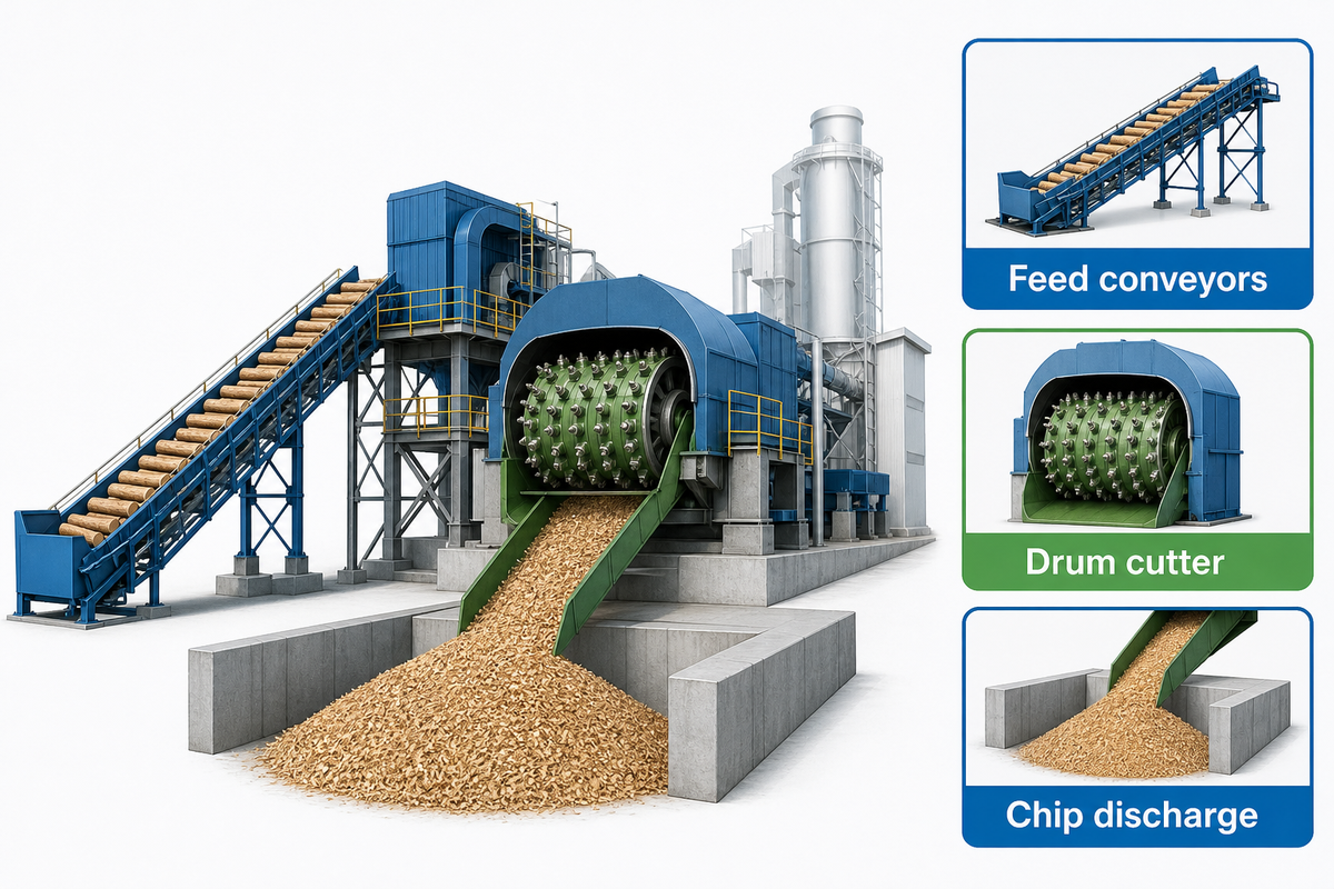 Stationary drum chipper installation includes feed conveyors, cutter and chip discharge