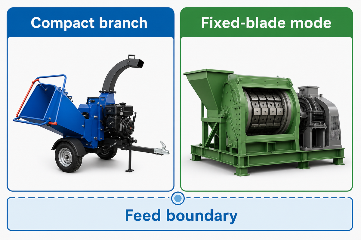 Compact branch chipper compared with a special fixed-blade chipping mode