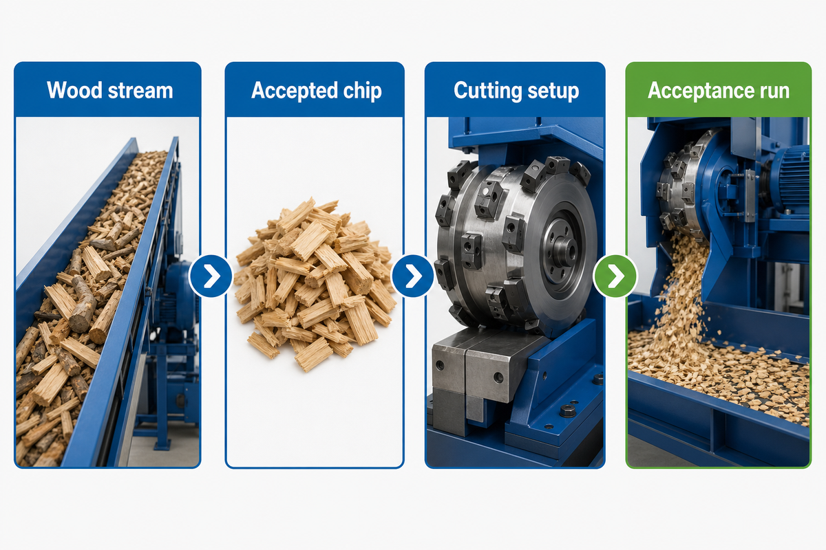 Drum chipper request covers wood stream, accepted chips, cutting setup and acceptance run