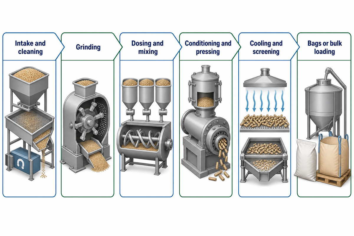 FAO guidance links preparation, pelleting and finishing; a press covers only one stage.