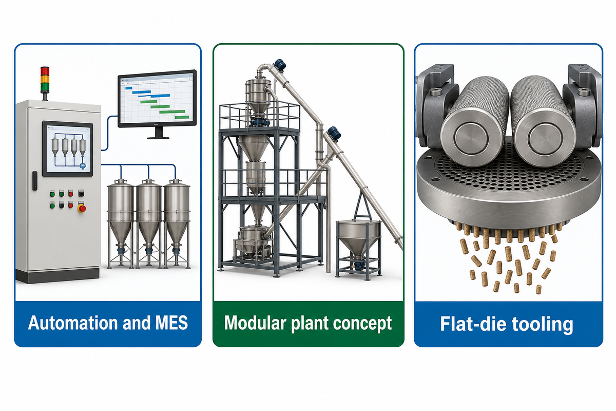Bühler controls, ANDRITZ modular concepts and KAHL flat-die tooling address different integration needs.