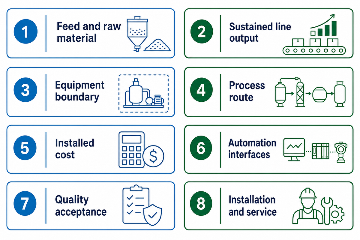 Eight feed-line purchase checks align recipe, output, supply scope, controls, quality and service.