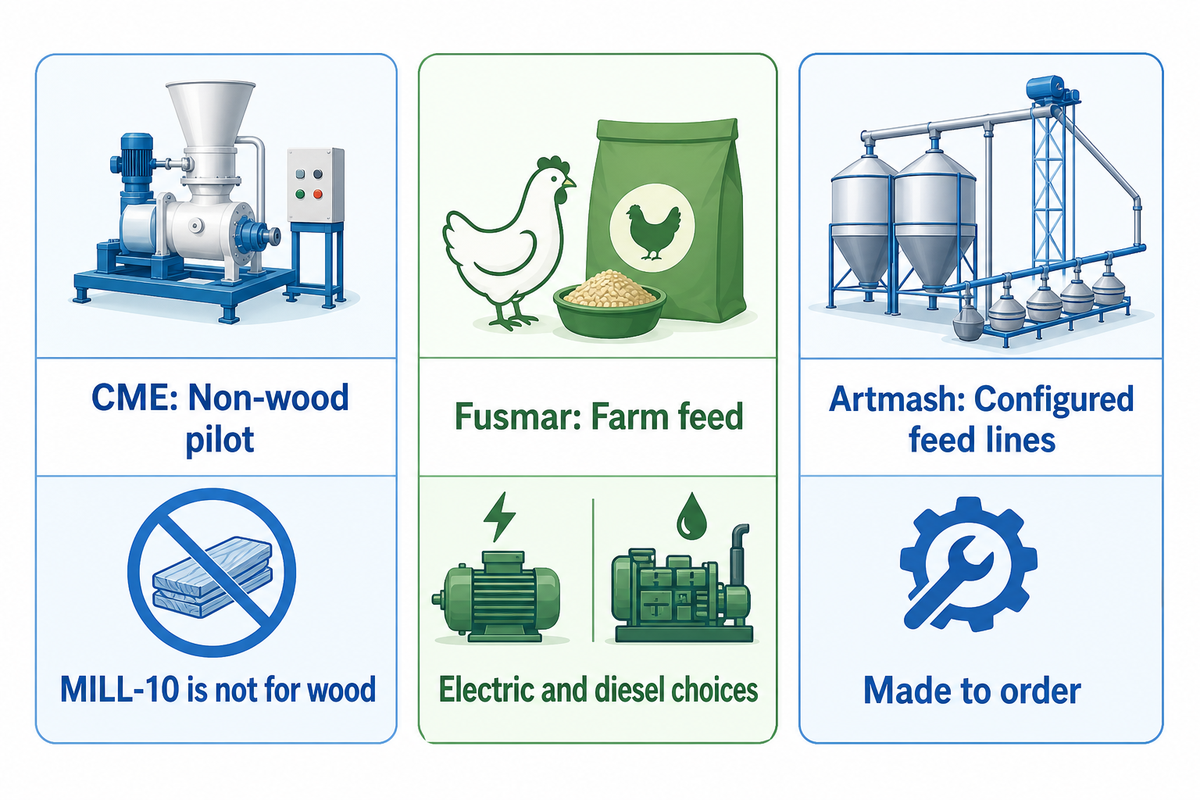 CME, Fusmar and Artmash illustrate distinct pilot, farm-feed and made-to-order line buying tasks.