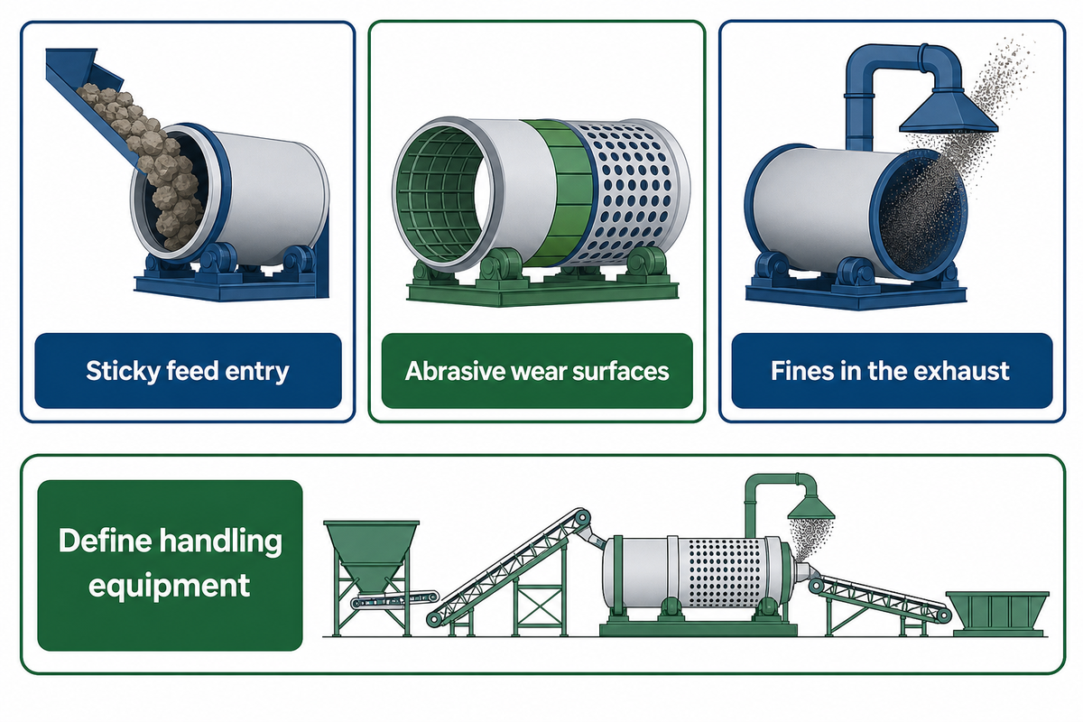 Bulk-solids quotes should identify sticky feed handling, abrasive wear surfaces and exhaust fines, not only drum size.