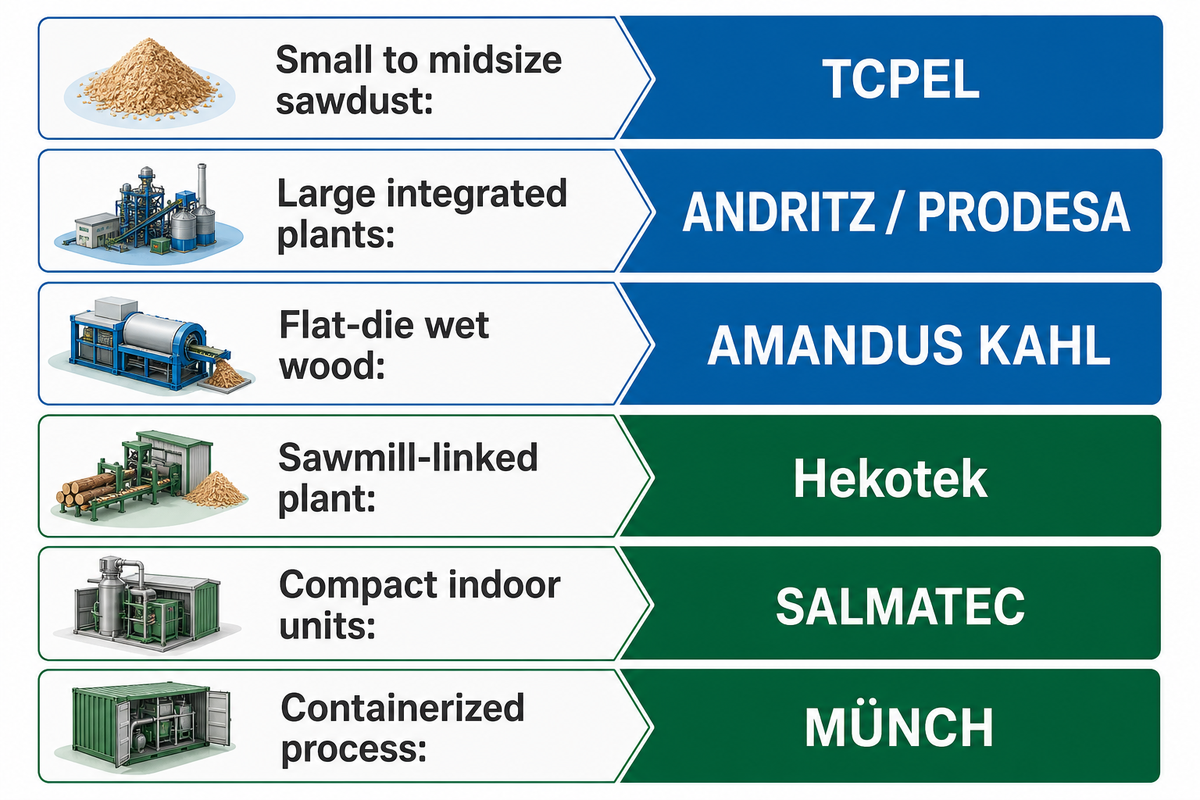 Wood pellet project types matched to TCPEL, ANDRITZ, PRODESA, KAHL, Hekotek, SALMATEC and MUNCH