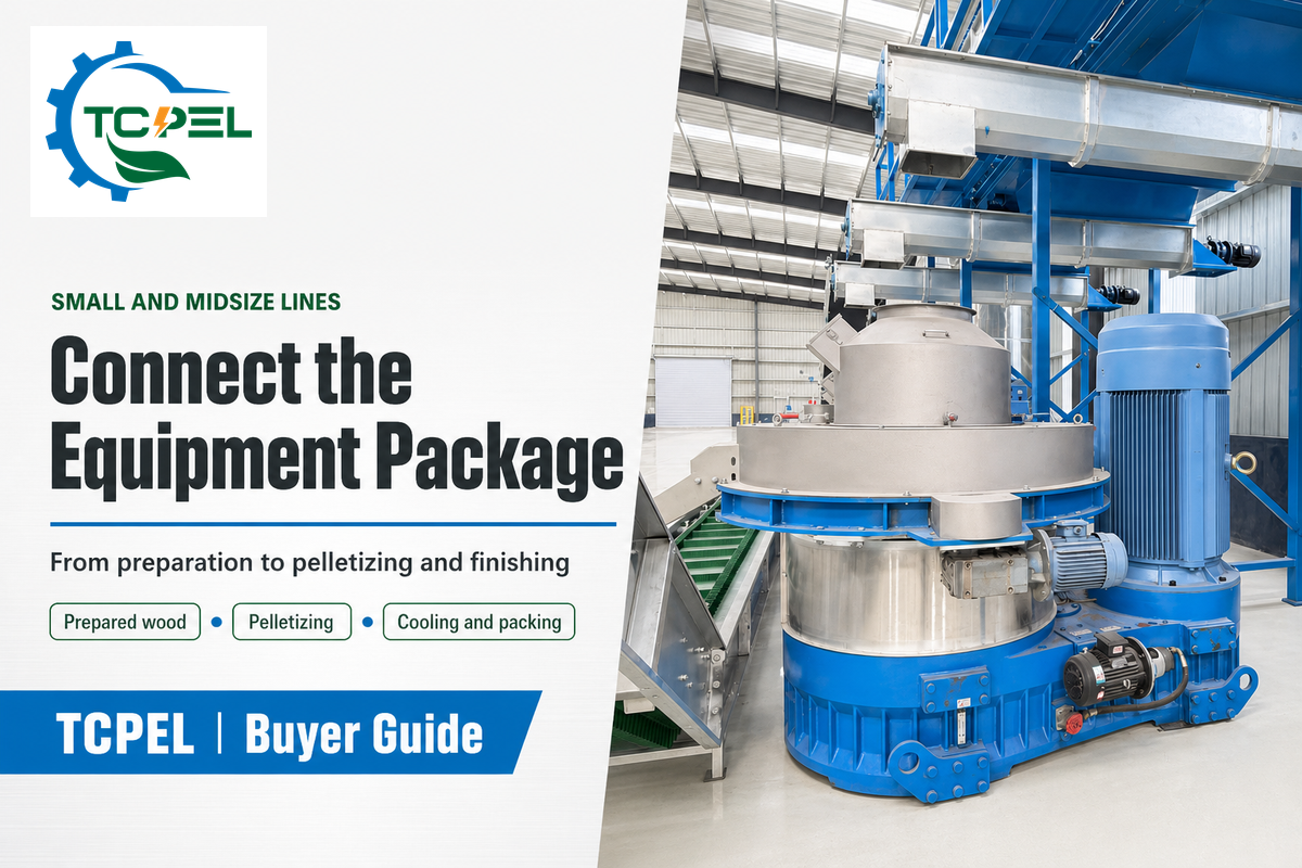 TCPEL pellet press and feed structure within a wood pellet equipment package