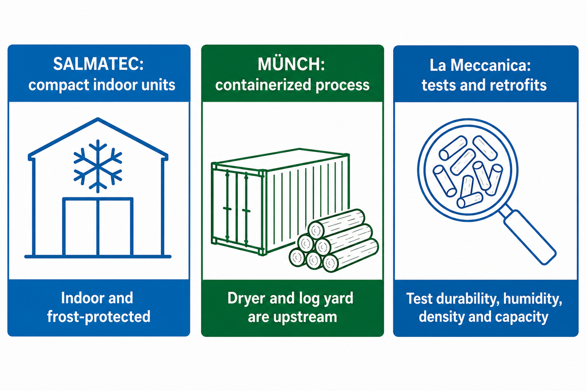 Compact, containerized and retrofit wood pelleting system choices with their constraints